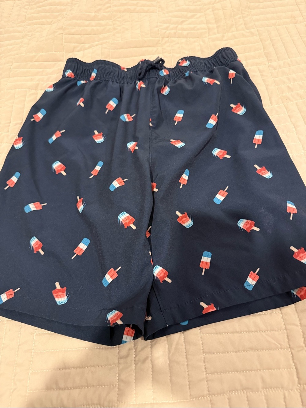abercrombie kids Navy Swim Trunks with Red & Light Blue Popsicle Print